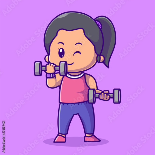 Cute Woman Lifting barbell Cartoon Vector Icon Illustration. People Sport Icon Concept Isolated Premium Vector. Flat Cartoon Style
