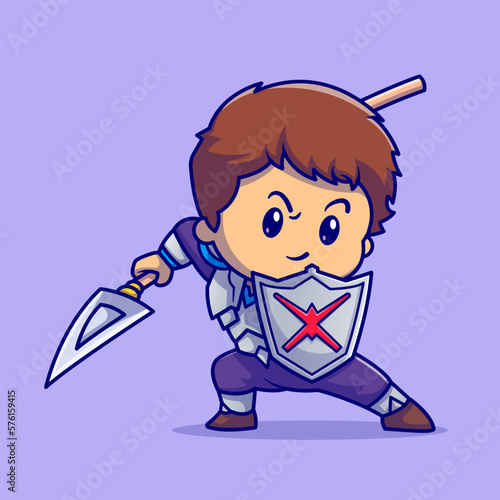 Cute Boy Knight With Shield And Spear Cartoon Vector Icon Illustration. People Hero Icon Concept Isolated Premium Vector. Flat Cartoon Style