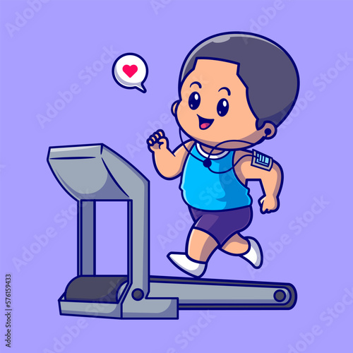 Cute Boy Running On Treadmill Cartoon Vector Icon Illustration. People Sport Icon Concept Isolated Premium Vector. Flat Cartoon Style