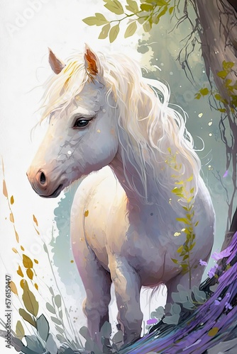 Watercolor abstract portrait of a beautiful white horse. Generative AI art.