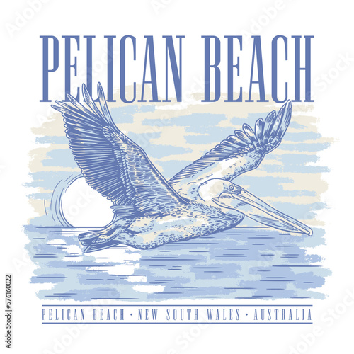 HAND DRAWN PELICAN BEACH BIRD SEASCAPE PAINTED TOURIST DESTINATION VINTAGE TSHIRT TEE PRINT FOR APPAREL MERCHANDISE