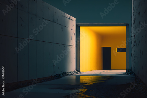 A striking image capturing the contrast between the stark concrete walls and a brightly illuminated doorway, evoking a sense of modern minimalism
