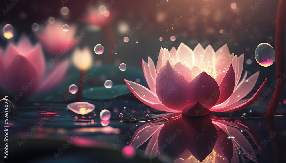 Pink lotus flower on water created with AI - obrazy, fototapety, plakaty 