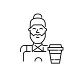 Hipster guy working at his laptop with coffee cup. Remote freelance work. Pixel perfect, editable stroke icon