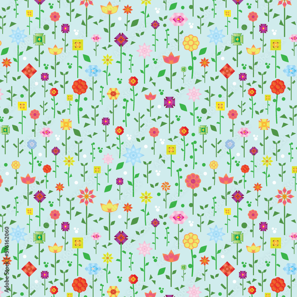 Obraz premium Vector. Seamless pattern of flowers on pastel background. Geometrical shapes used to form each flower. Floral background.