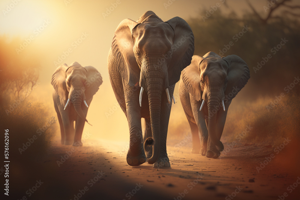 A group of elephants walking down a dirt road, Generative AI