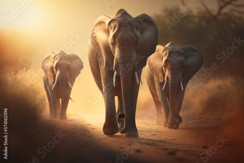 A group of elephants walking down a dirt road, Generative AI