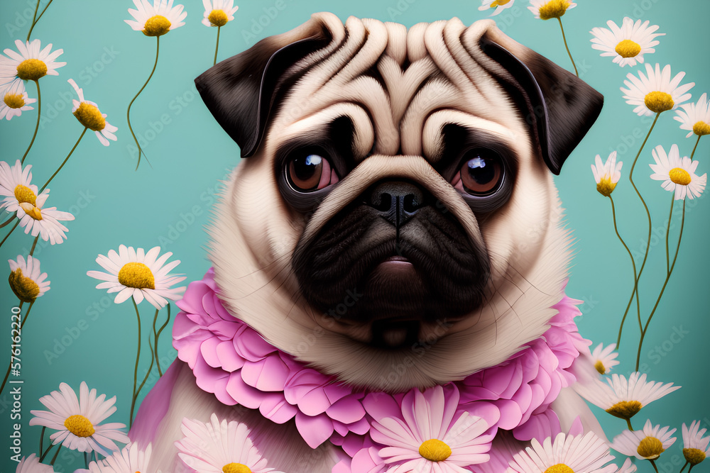 Portrait of charming pug. Cute wrinkled dog on floral background. Generative AI.