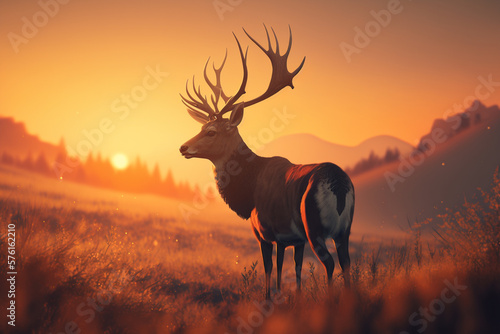 A portrait of a deer standing in front of a sunset  Generative AI