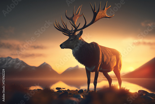 A portrait of a deer standing in front of a sunset  Generative AI