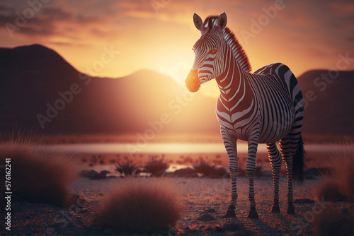 A portrait of a zebra in a field standing in front of a sunset  Generative AI