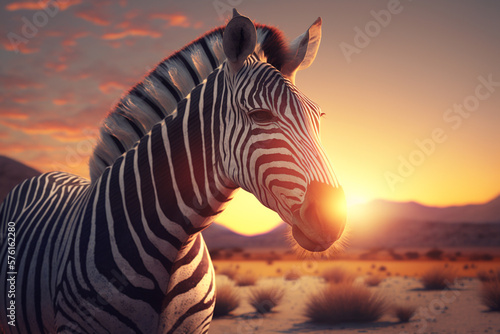 A portrait of a zebra in a field standing in front of a sunset  Generative AI