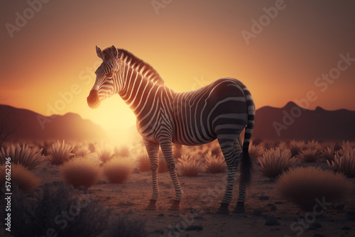 A portrait of a zebra in a field standing in front of a sunset  Generative AI
