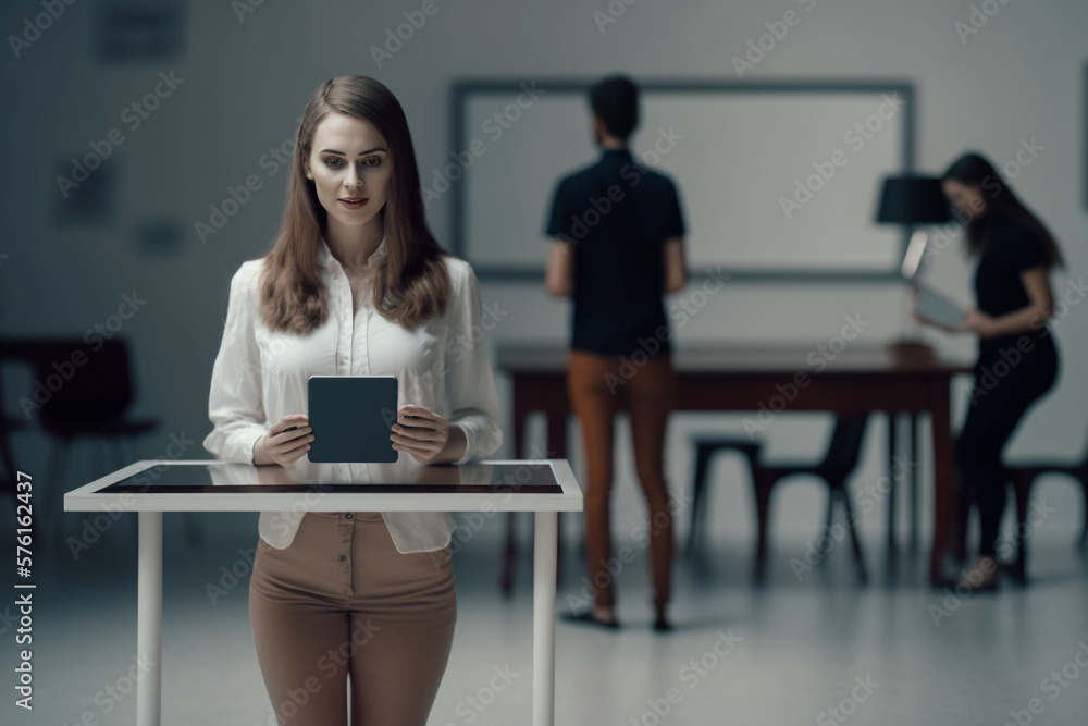 Fototapeta premium A woman standing in front of a table holding a tablet, Generative AI