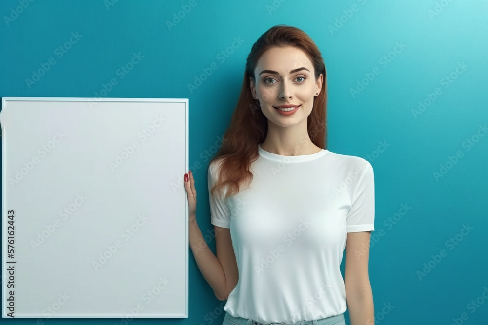 A beautiful woman holding a blank whiteboard in her hand standing in front of blue background, Generative AI A beautiful woman holding a blank whiteboard in her hand standing in front of blue background, Generative AI