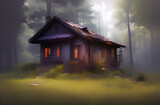 Lonely residential one-storey building in quiet place. Wooden house in forest.