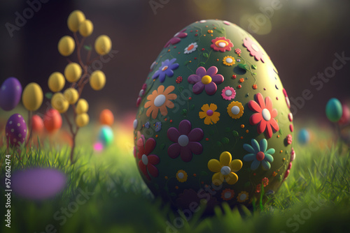 A decorated easter egg sitting on top of a lush green field, an easter day concept illustration, Generative AI