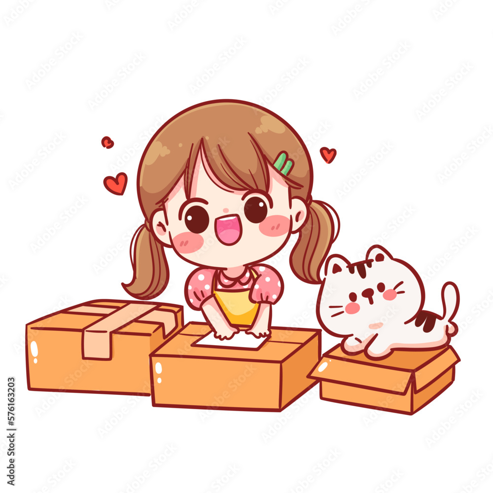 Cute Girl with cat packing goods into boxes cartoon character hand draw art illustration Cute Girl with cat packing goods into boxes cartoon character hand draw art illustration