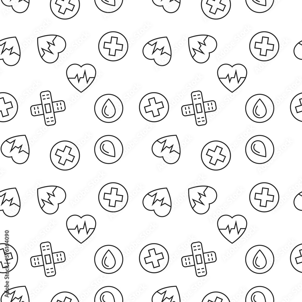Fototapeta premium Vector seamless pattern of medical tape, cross, blood on white background. It can be used for printing on various surfaces