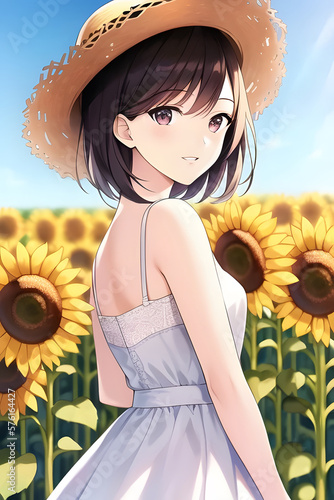 ひまわり畑と麦わら帽子をかぶった女性 真夏 generative ai