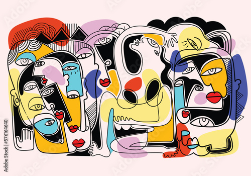  large group of various people face portrait abstract, shapes, line, various object and doodle vector illustration. Modern design for wall art, home decoration, cover, poster, cards and prints.