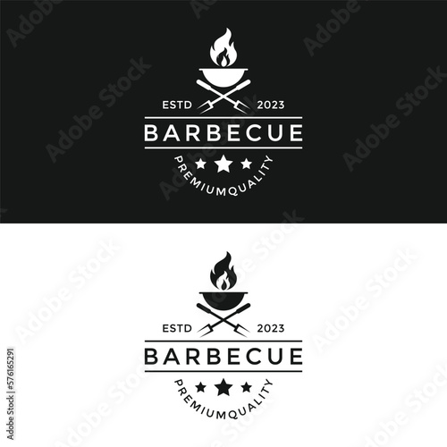 vector design emblem grill barbecue bbq with crossed forks and flame logo design template perfect for restaurant vintage style
