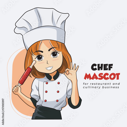 Happy woman chef mascot logo design vector illustration