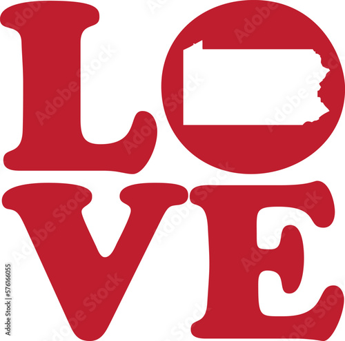 LOVE Pennsylvania State Red Outline Vector Graphic Illustration Isolated