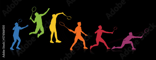Colorful vector editable badminton player poses for any graphic background 