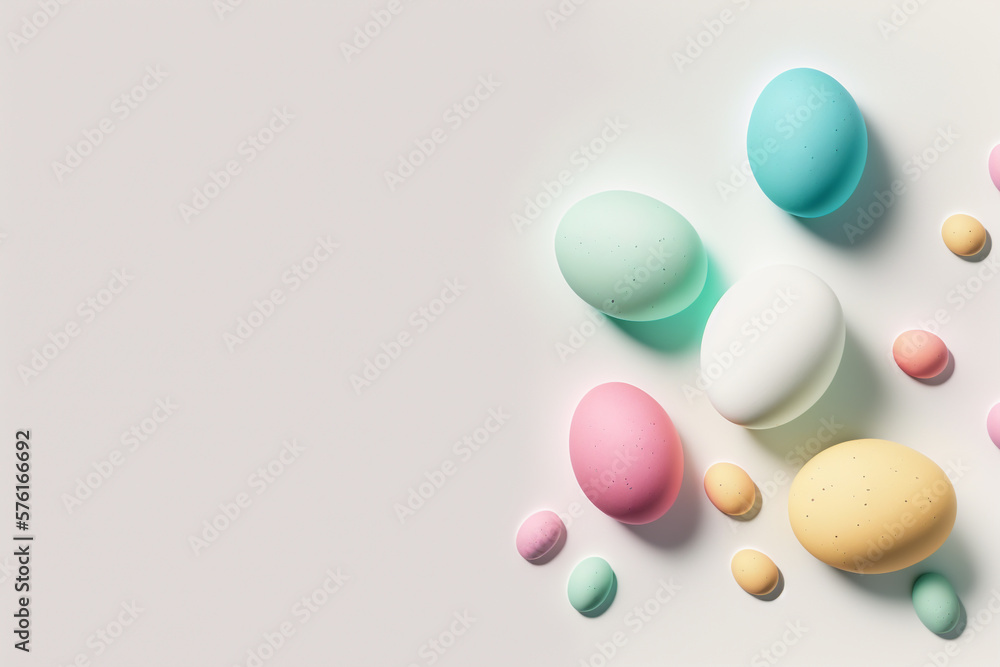 Easter eggs background, pretty dyed eggs on white, generative AI digital illustration Easter eggs background, pretty dyed eggs on white, generative AI digital illustration