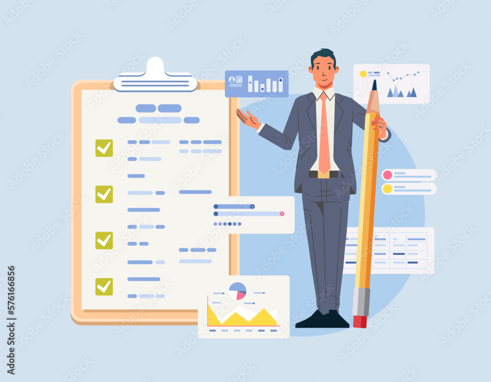 Business man with giant pencil near marked checklist on clipboard paper Successful completion of tasks chart and graph Flat vector illustration Business man with giant pencil near marked checklist on clipboard paper Successful completion of tasks chart and graph Flat vector illustration