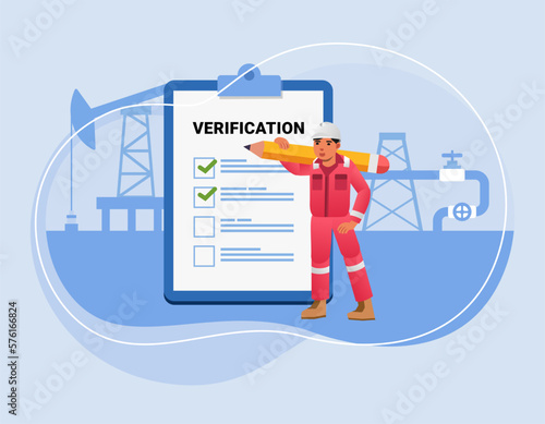 Oil miner worker man with giant pencil near marked checklist on clipboard Successful completion of tasks Flat vector illustration