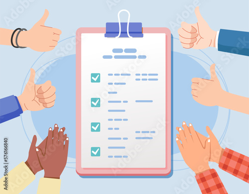 Various hands clap give congratulations thumbs up on clipboard paper Successful achievement check tasks list