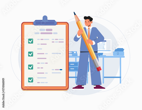 Business man with giant pen near marked checklist on clipboard paper Successful completion of business tasks office Flat vector illustration