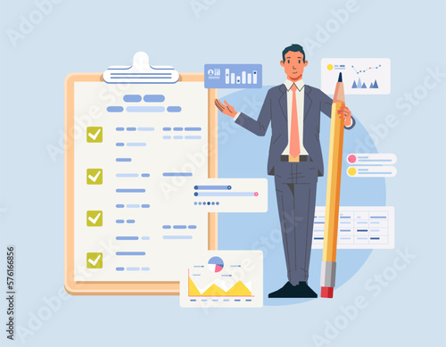 Business man with giant pencil near marked checklist on clipboard paper Successful completion of tasks chart and graph Flat vector illustration