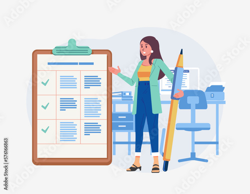 Business woman with giant pen near marked checklist on clipboard paper Successful completion of business tasks office Flat vector illustration