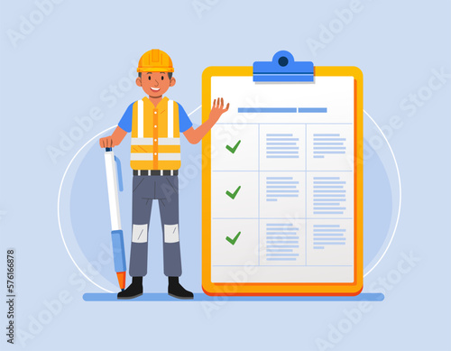 Construction worker with giant pencil near marked checklist on clipboard Successful completion of tasks Flat vector illustration