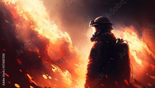 Firefighter in action, flames and smoke fill the background, explosion imminent. Dramatic scene captured in stunning detail. © Artcuboy