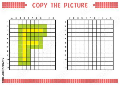 Copy the picture, complete the grid image. Educational worksheets drawing with squares, coloring cell areas. Preschool activities, children's games. Cartoon vector illustration, pixel art. Letter F.