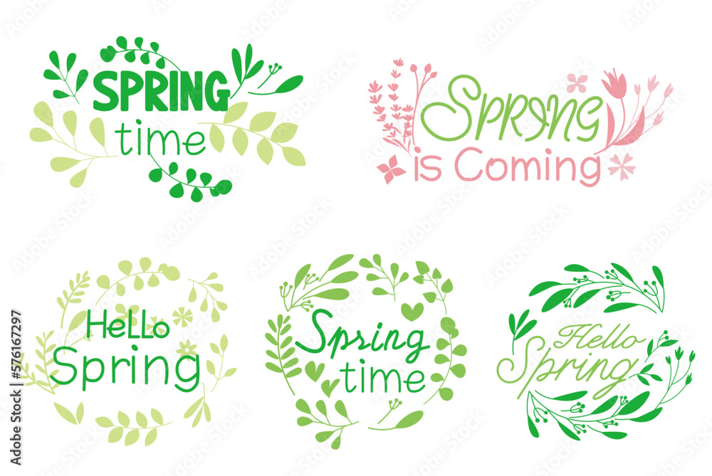 Set of Spring Calligraphy. Green leaves and flowers decoration spring lettering collection. Spring time, Hello spring and Spring is coming letterings for Seasonal logo, greeting and graphic design. 