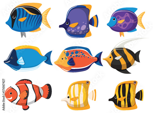 Set of colourful saltwater fish cartoon simple style
