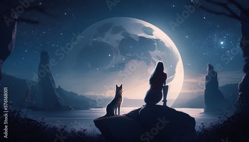 Fotografiet A serene moment captured in an illustration of a young woman and her dog enjoying a beautiful moonlit night