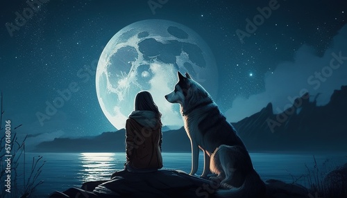Canvastavla A serene moment captured in an illustration of a young woman and her dog enjoying a beautiful moonlit night