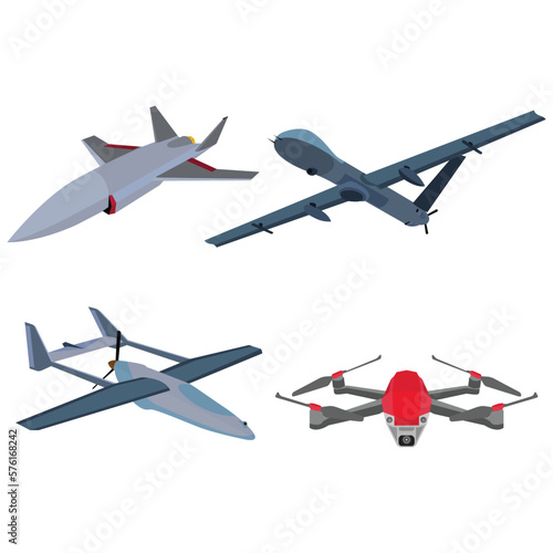 Vector illustration sets of unmanned aerial vehicle (UAV) and rotor drone. UAV technology for military defense warfare, weapon intelligence, armed combat aviation and spy aircraft