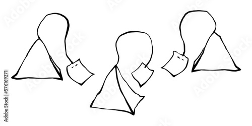 Hand drawn pyramid tea bags with blank labels freehand outline ink drawing set