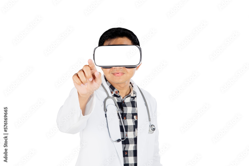 Asian male doctor wearing virtual reality glasses touch screen isolated on white background