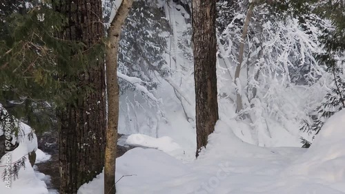 Cinematic shot of a Hoggs waterfall flowing down the rocks inside nature preserved forest area covered with fresh snow, Ontario, Canada photo