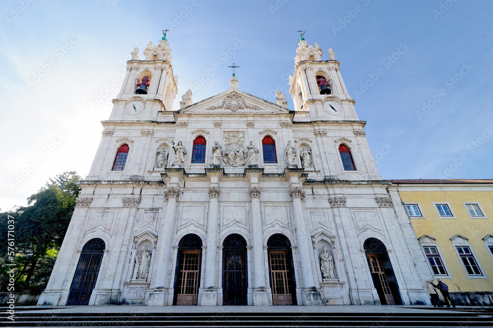 Front view of the majestic Estrela Basilica or the Royal Basilica and Convent of the Most Sacred Heart of Jesus in Lisbon, Portugal. Ordered built by Queen Maria I and consecrated 15th November 1789