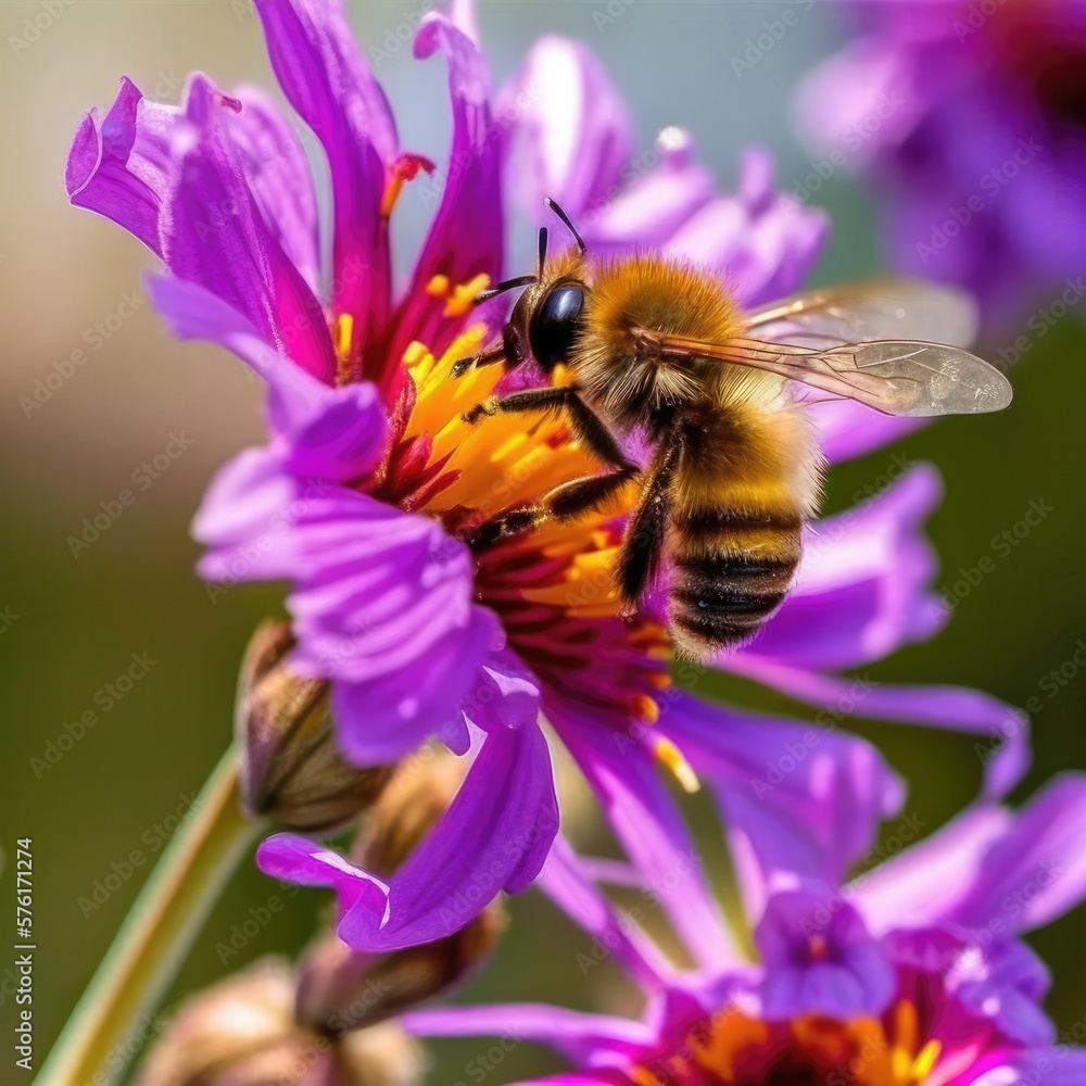 Macro Shot of Honey Bee On Pink Purple Flower, High Resolution Macro Shot of Honey Bee On Pink Purple Flower, High Resolution