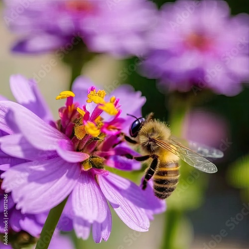 Macro Shot of Honey Bee On Pink Purple Flower, High Resolution